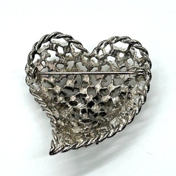 Silver-tone Rhinestone Heart Brooch Vintage Mid-Century Glamour Retro Gift - Picture 10 of 16
